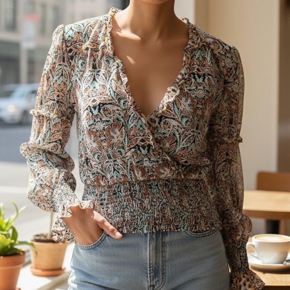 Anthropologie Teal, Ivory & Brown Patterned Blouse